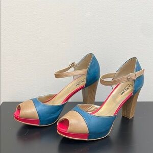 Le Style open toe strap leather heels 6.5 platform pink blue nude summer shoe